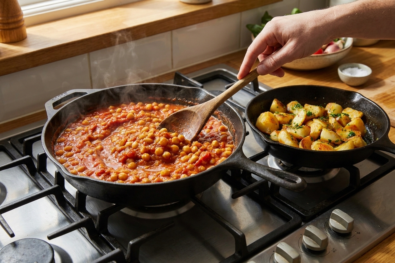 A thick tomato chickpea sauce simmering in a skillet while potatoes finish cooking on a home kitchen stove