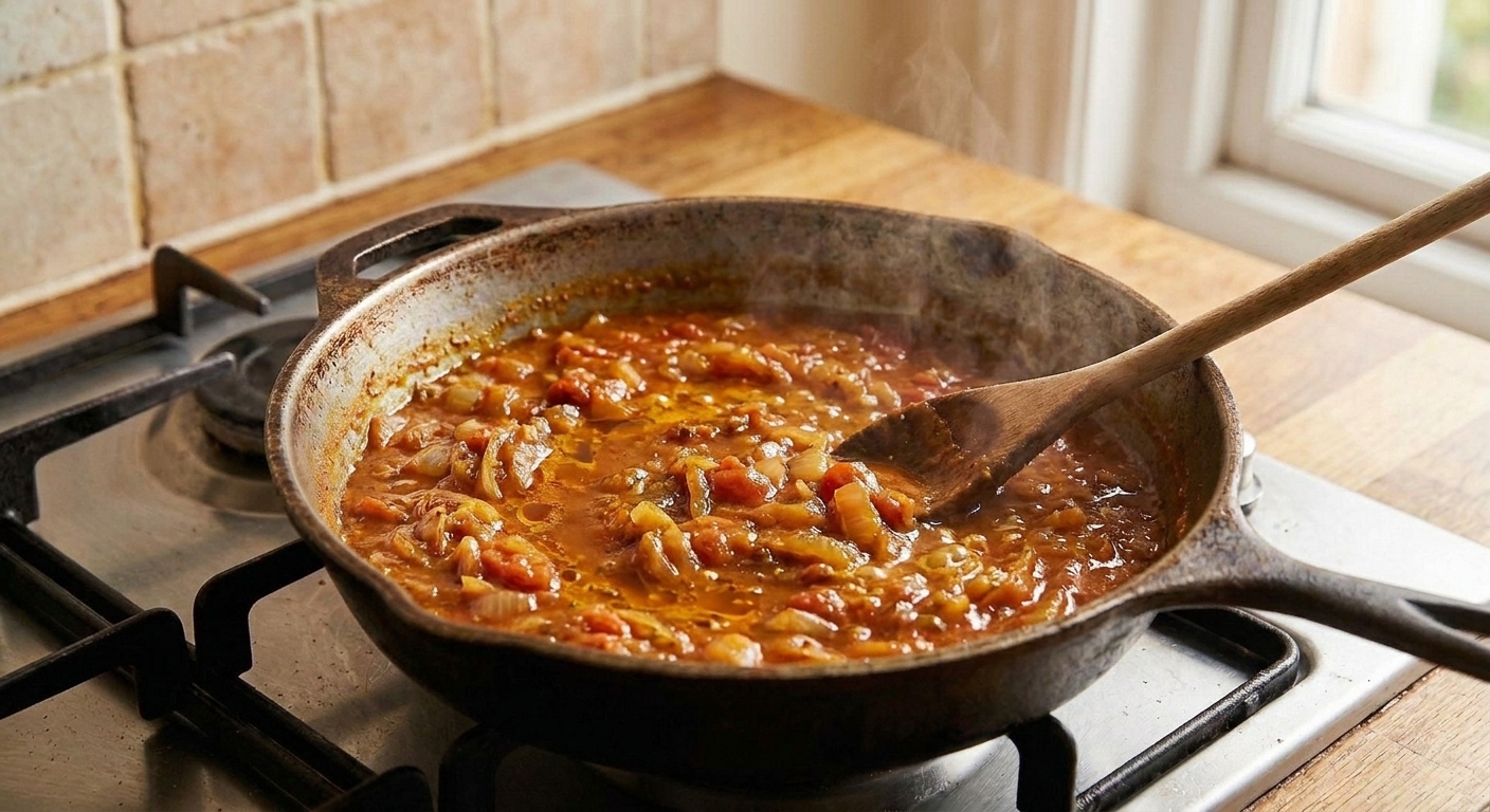A thick tomato-onion masala bubbling in a skillet, deep orange-red and glossy