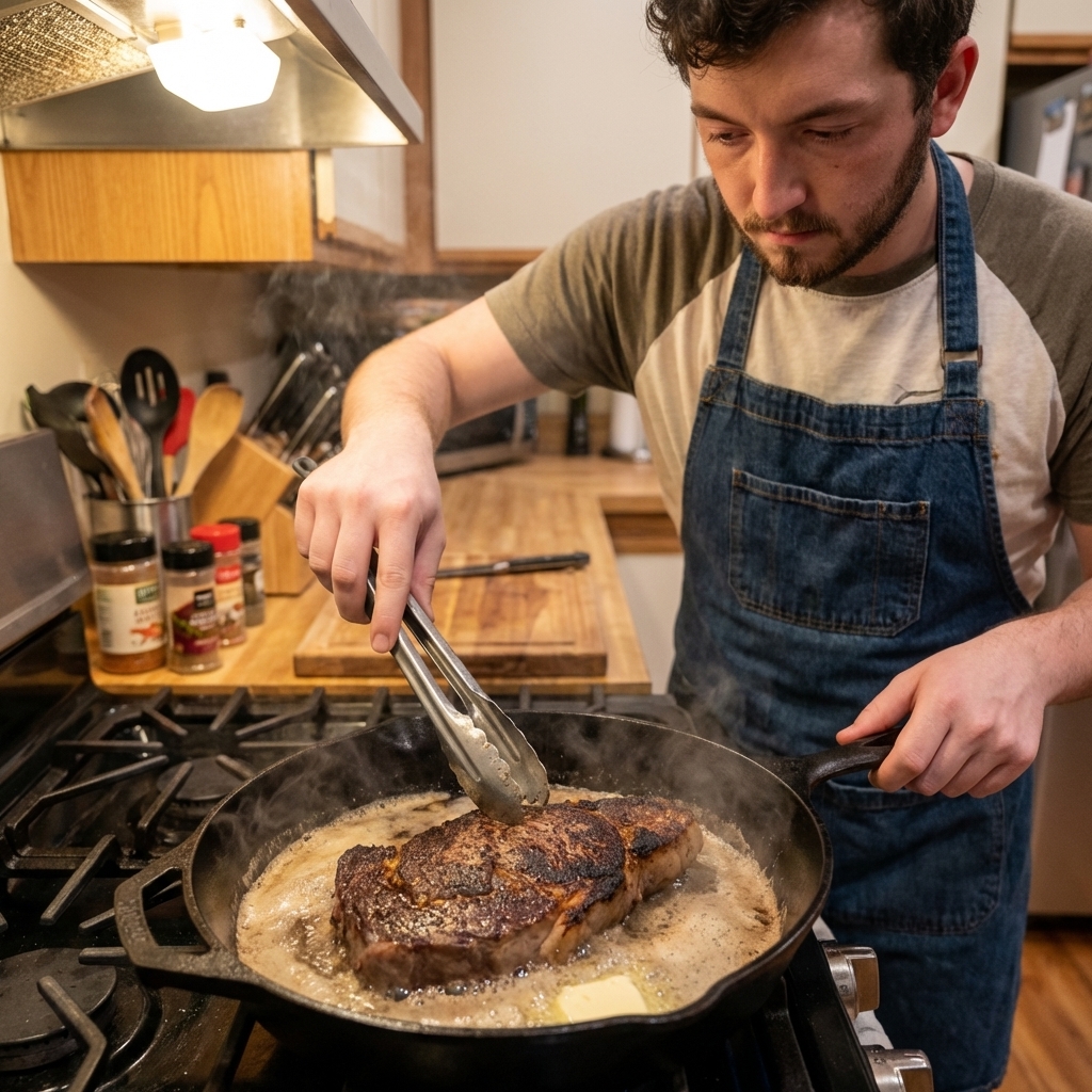 A thick top sirloin steak sizzling in a cast iron skillet with browned crust and foaming butter, realistic kitchen photograph