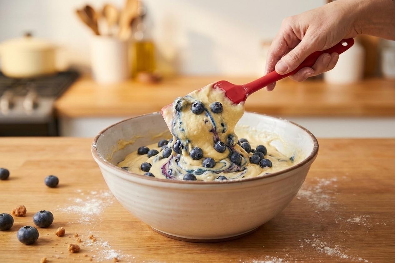 A thick vanilla cake batter in a mixing bowl with blueberries being folded in using a rubber spatula