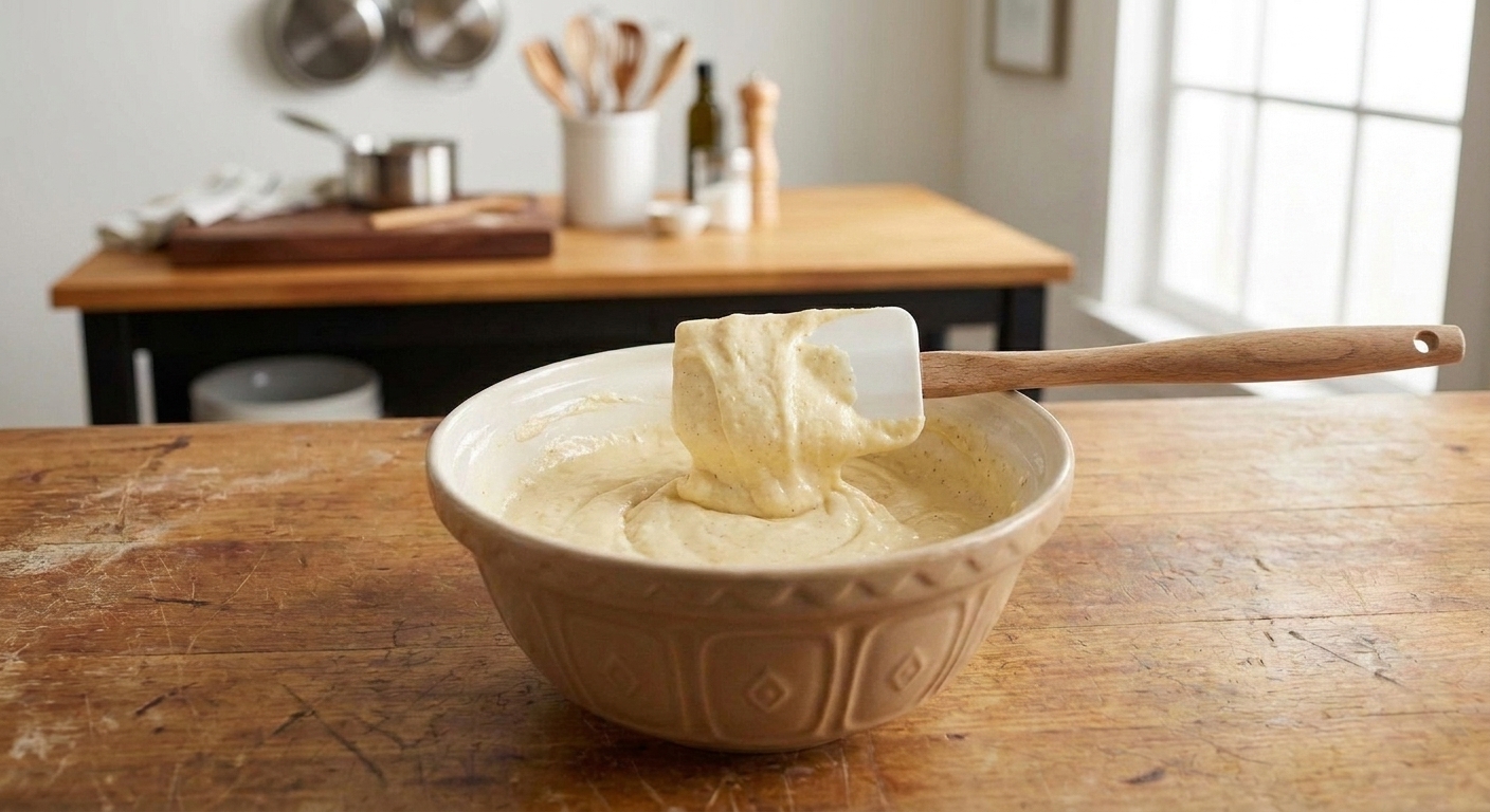 A thick vanilla coffee cake batter in a large mixing bowl with a rubber spatula on a warm kitchen counter