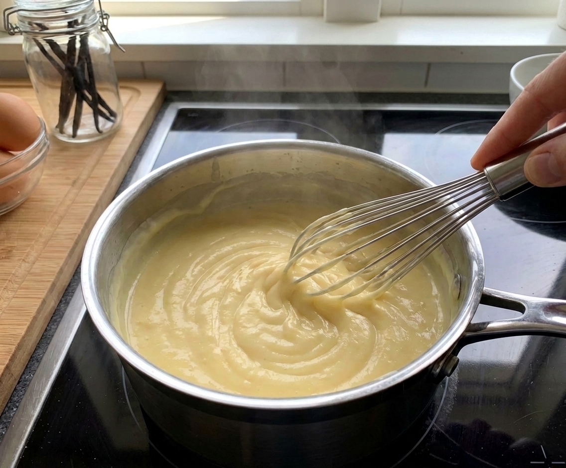 A thick vanilla custard being whisked in a saucepan on the stove in a warm home kitchen