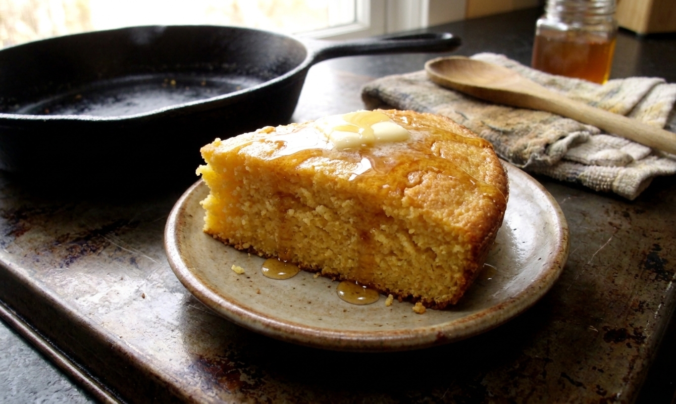 A thick wedge of cornbread on a small plate with melted butter and a drizzle of honey, photographed in warm natural light
