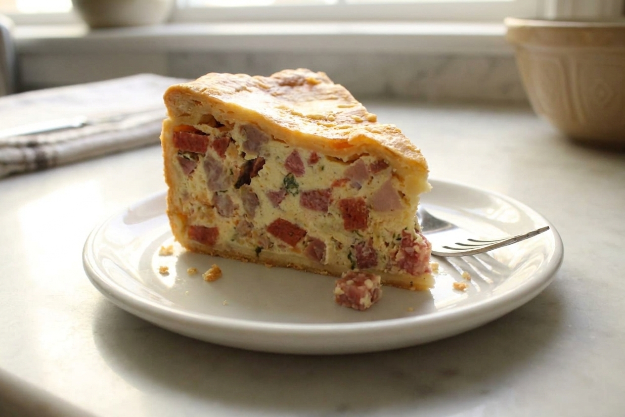 A thick wedge of pizza rustica on a plate, showing creamy ricotta filling with diced ham and salami and a flaky golden crust on a light stone kitchen counter