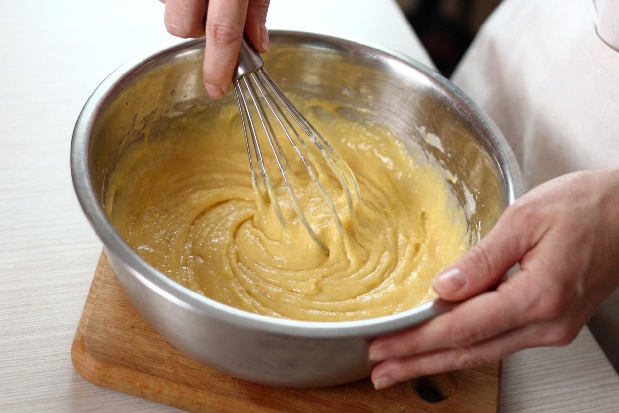 A thick yellow cake batter being whisked in a large mixing bowl on a kitchen counter