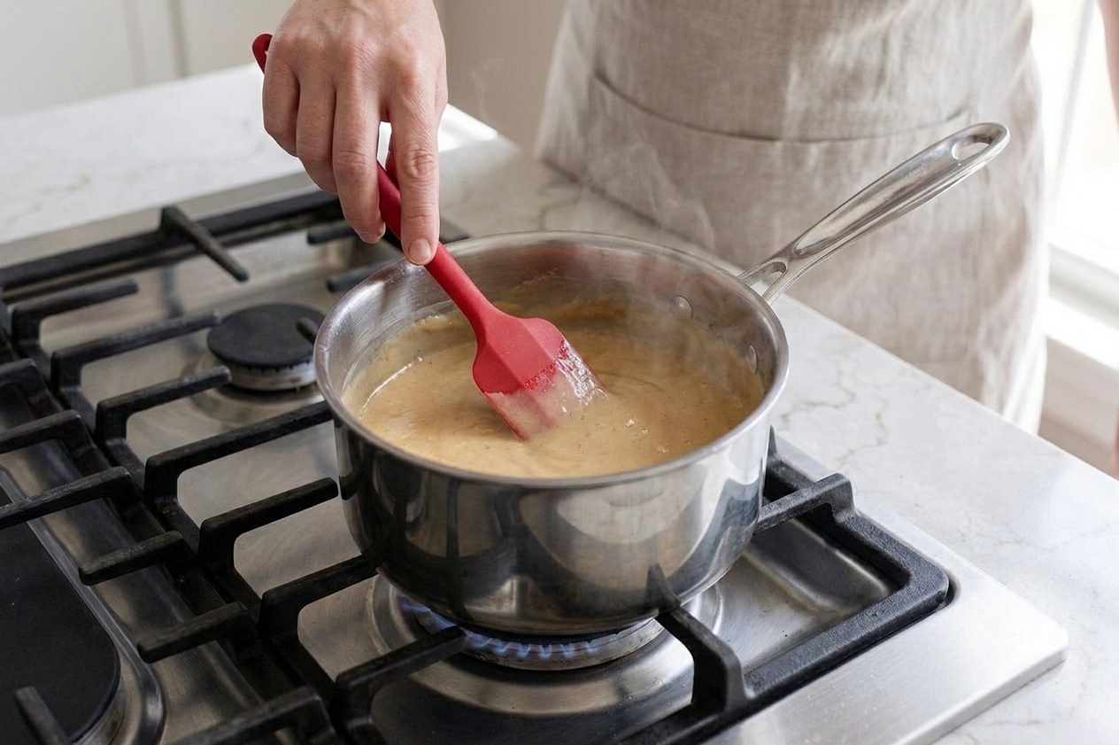 A thickened custard being stirred in a saucepan with a rubber spatula on a stovetop