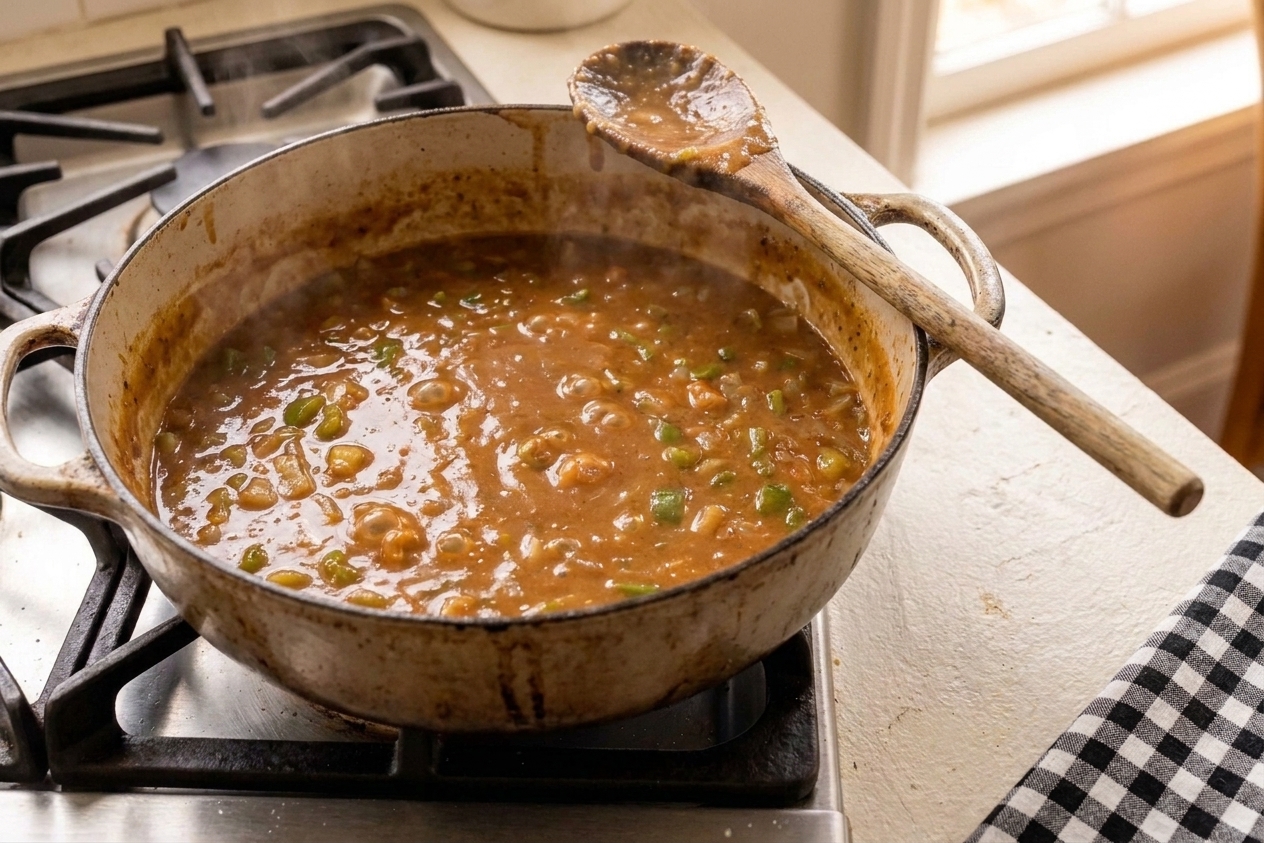A thickened etouffee sauce gently simmering in a Dutch oven with a spoon resting on the rim