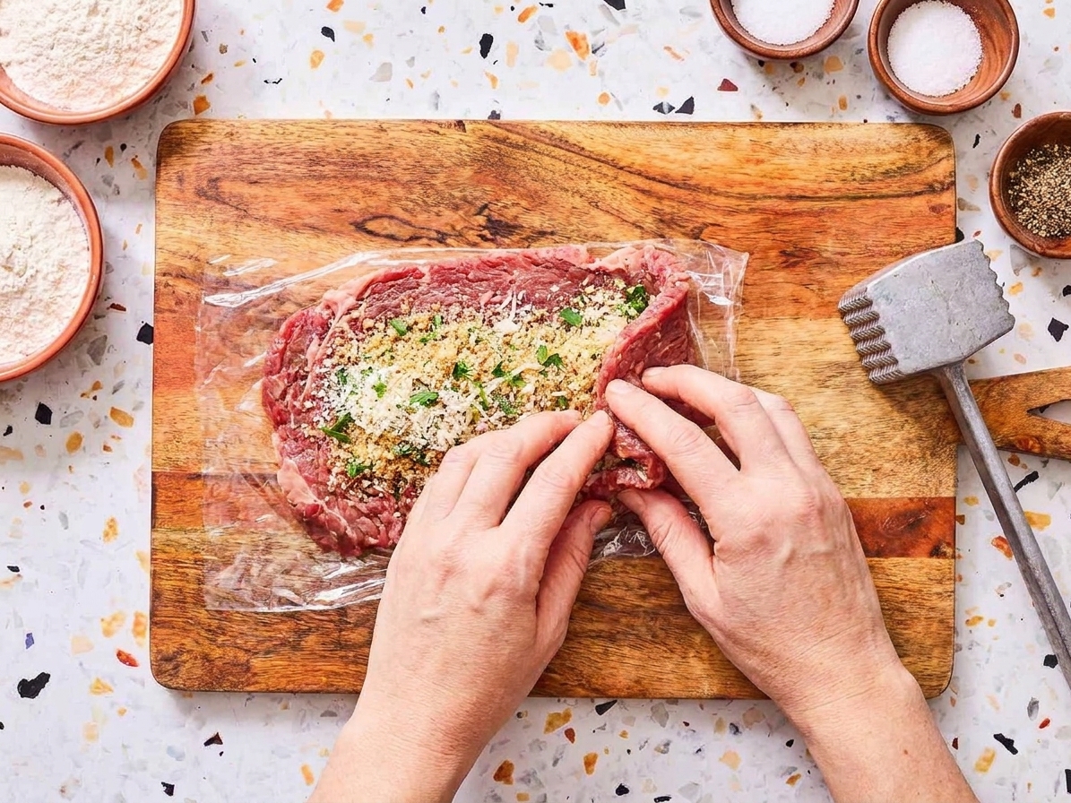 A thin beef cutlet being rolled up tightly around a breadcrumb and cheese filling