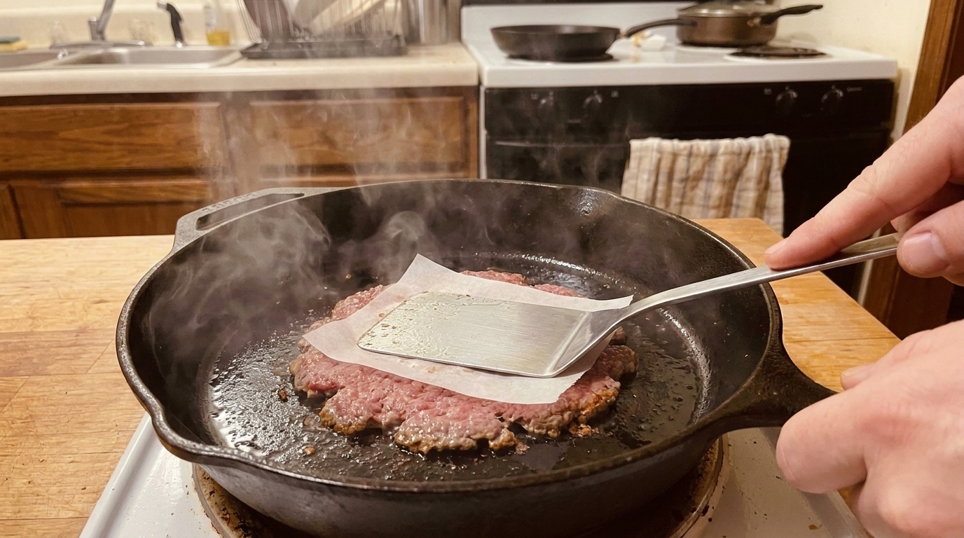 A thin beef patty being smashed with a spatula in a hot cast iron skillet with parchment paper between the spatula and meat