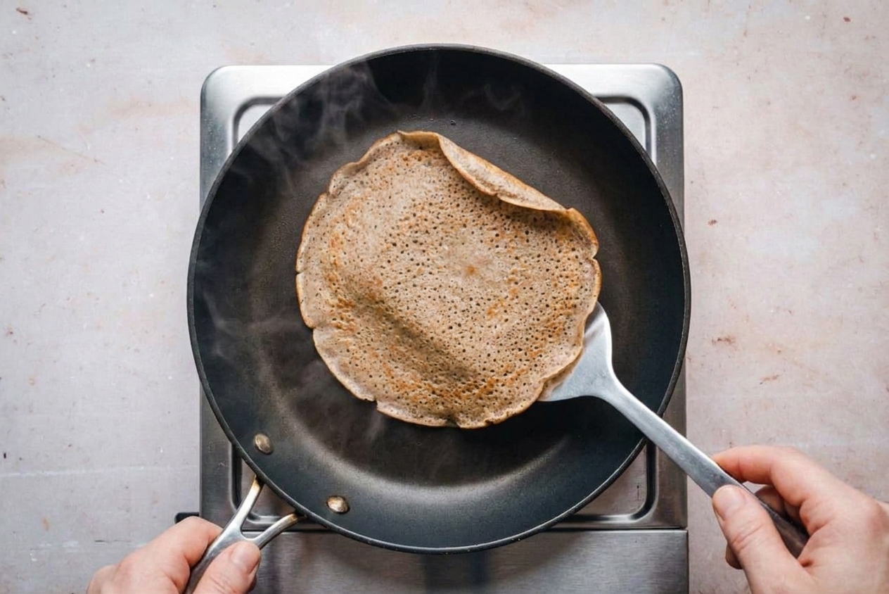 A thin buckwheat crêpe being flipped in a nonstick skillet with a spatula, edges lightly browned