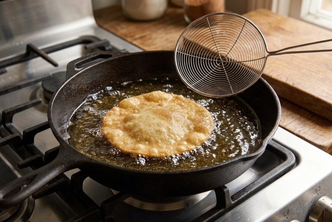 A thin buñuelo round frying in bubbling oil in a dark skillet on a stovetop, with a spider strainer hovering nearby