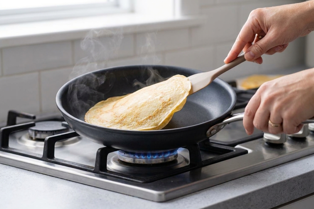 A thin crepe being flipped with a spatula in a nonstick skillet over medium heat