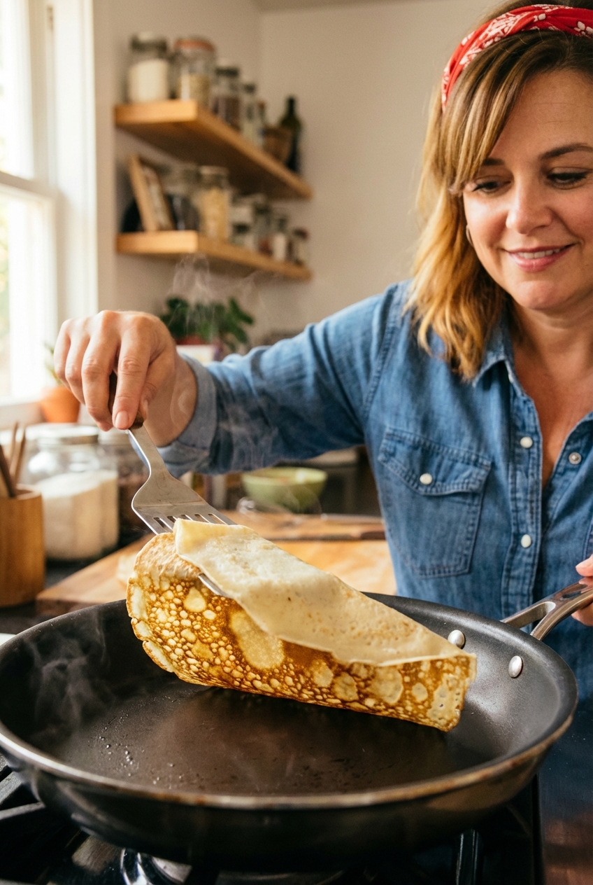 A thin crepe being lifted with a spatula in a nonstick skillet as it turns golden on the underside