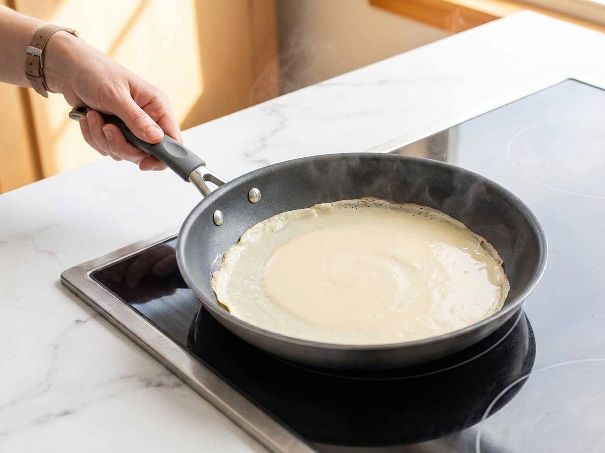 A thin crepe cooking in a nonstick skillet on a stovetop as a hand swirls the pan to spread batter, warm kitchen lighting