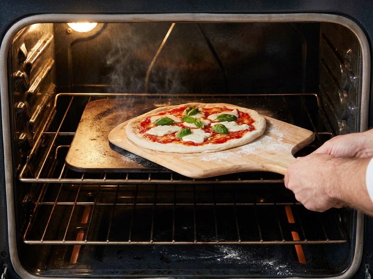 A thin crust pizza being slid onto a hot baking steel in a home oven