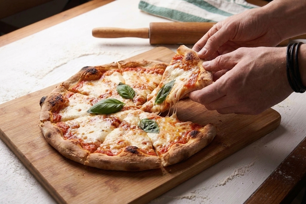 A thin crust pizza sliced into wedges on a cutting board with a crisp browned edge