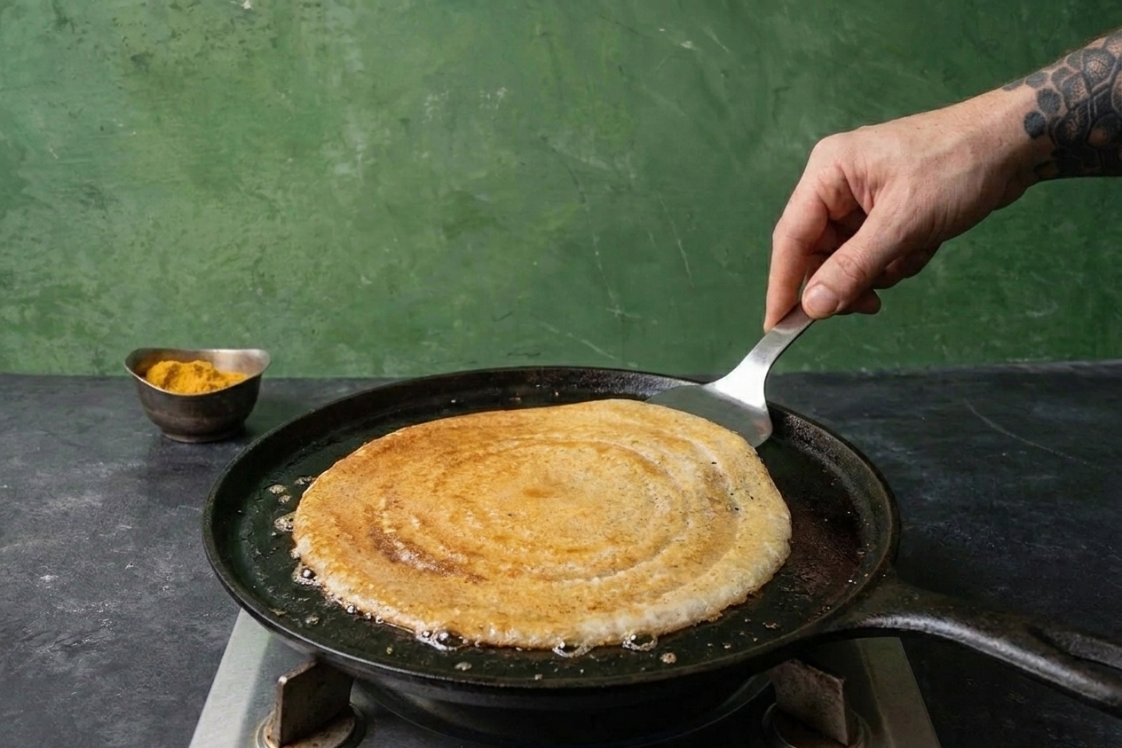 A thin dosa cooking on a flat cast iron griddle with oil sizzling at the edges, a spatula resting nearby