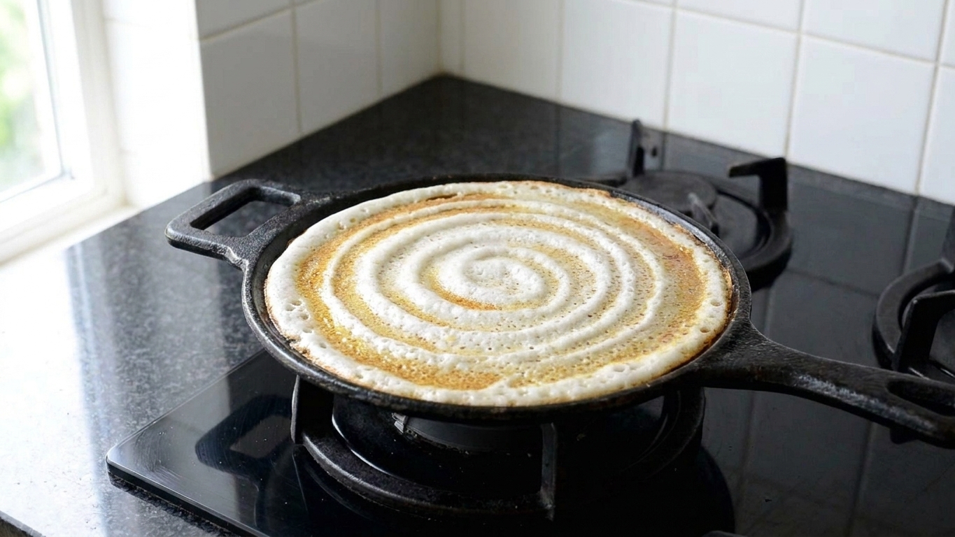 A thin dosa cooking on a flat skillet with oil glistening around the edges as the surface turns golden