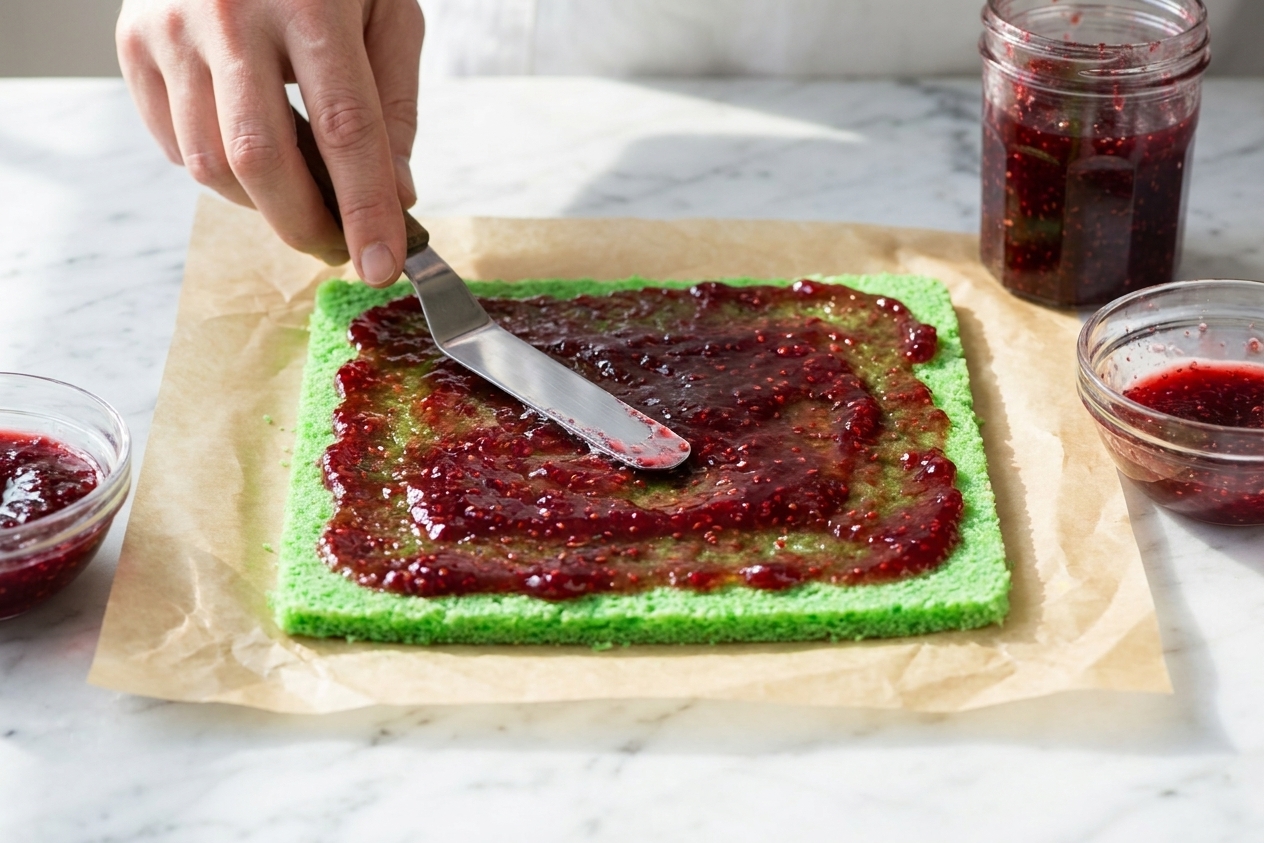 A thin green almond cake layer on parchment as raspberry jam is being spread evenly with an offset spatula on a kitchen counter