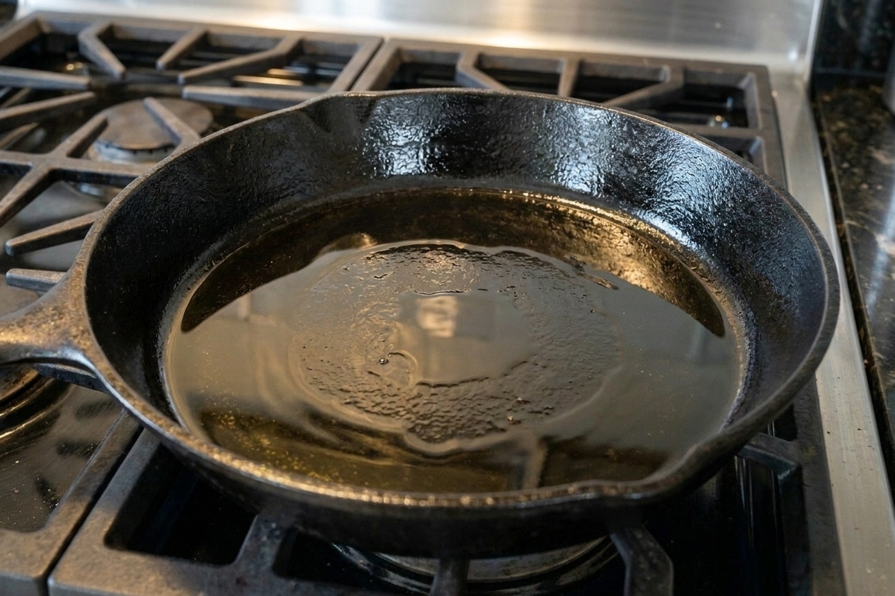A thin layer of oil shimmering in a preheated cast iron skillet on a home stove