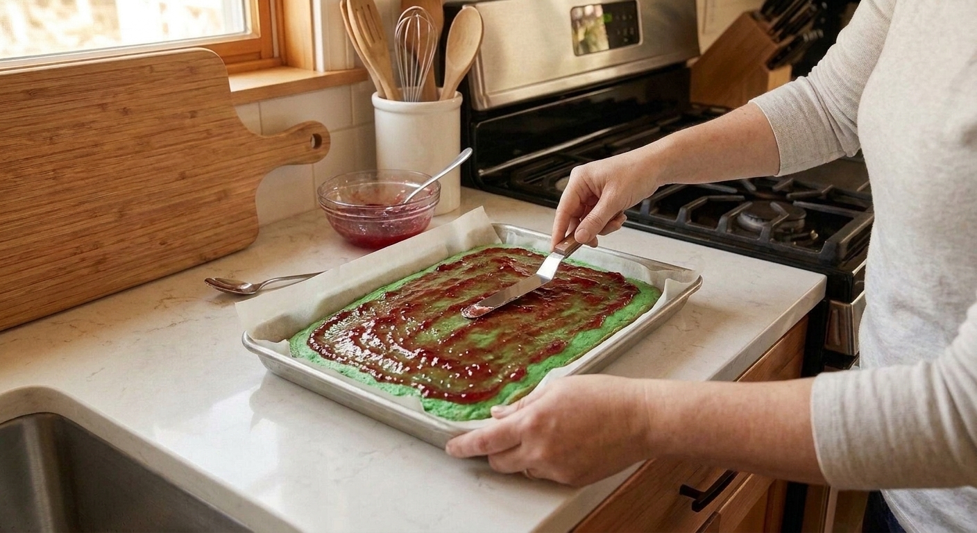 A thin layer of seedless jam being spread across a baked green almond cake layer with an offset spatula