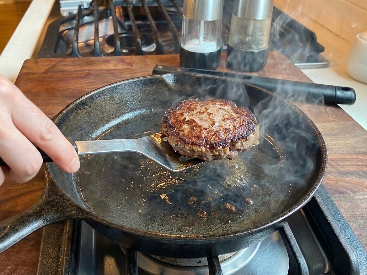 A thin metal spatula flipping a browned hamburger patty in a hot skillet, showing crisp edges