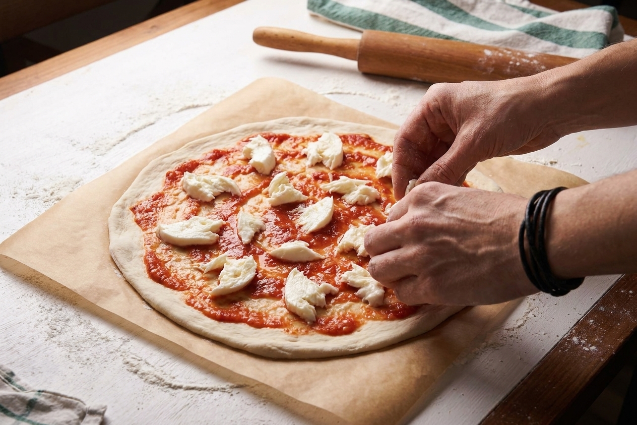 A thin rolled pizza dough on parchment topped with a light layer of tomato sauce and scattered mozzarella