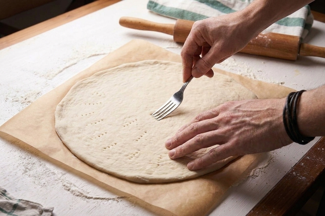 A thin rolled pizza dough round being docked with a fork on parchment to prevent large bubbles