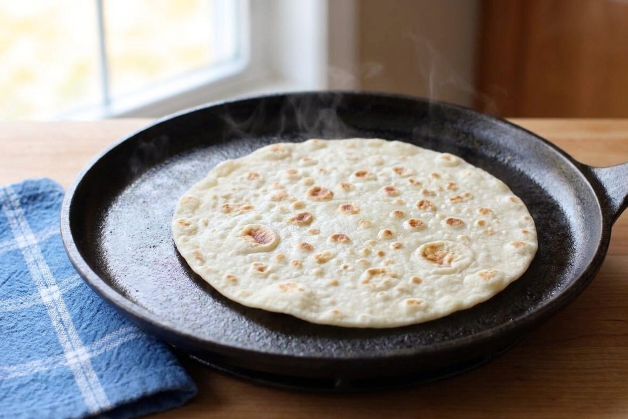 A thin round of lefse cooking on a hot griddle with brown spots forming on the surface