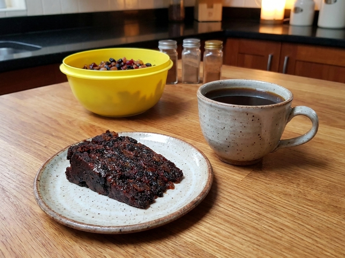 A thin slice of Jamaican black cake on a dessert plate with a cup of coffee on a wooden table