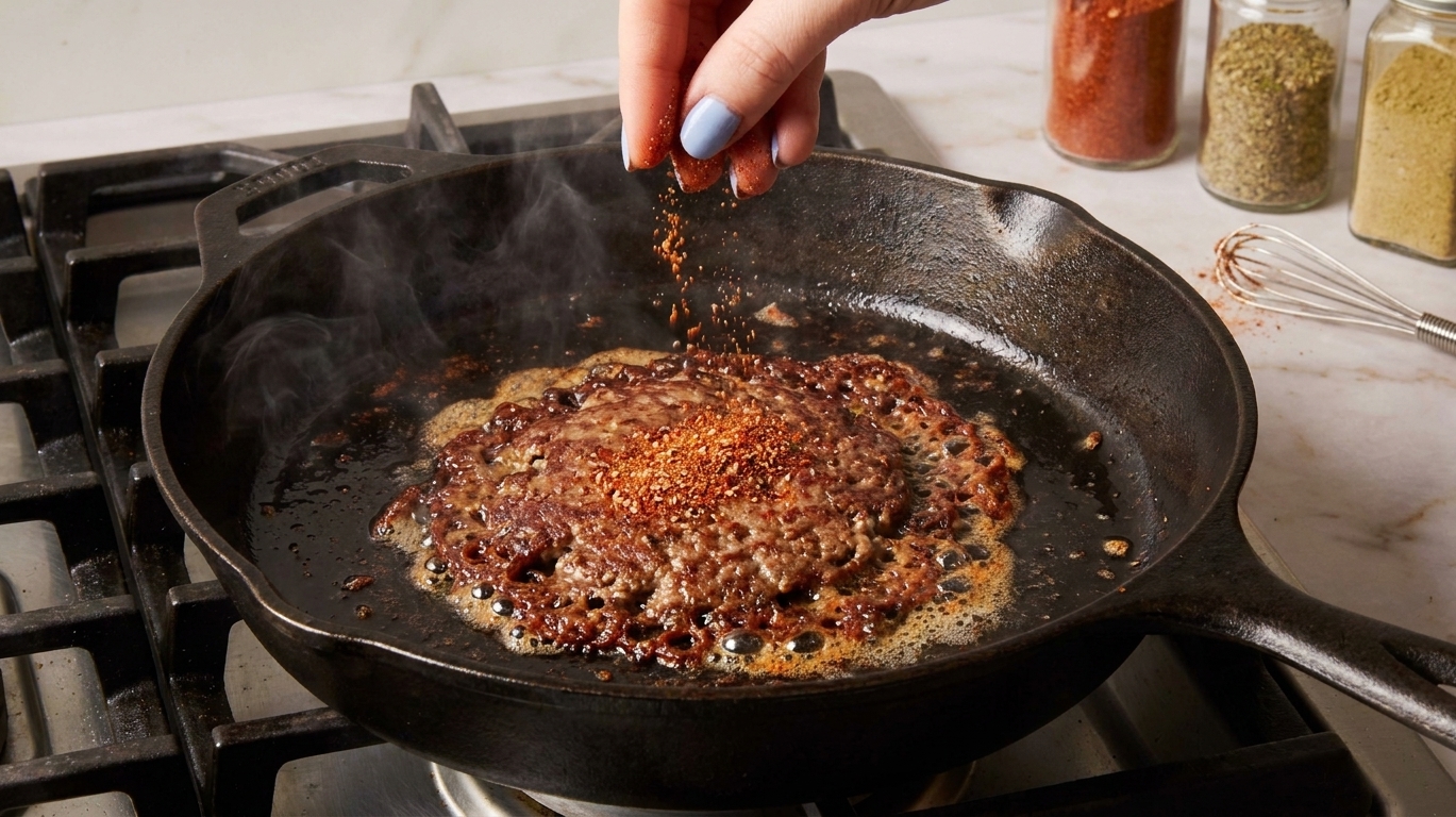 A thin smash burger patty cooking in a cast iron skillet with seasoning sprinkled on top and crisp edges forming