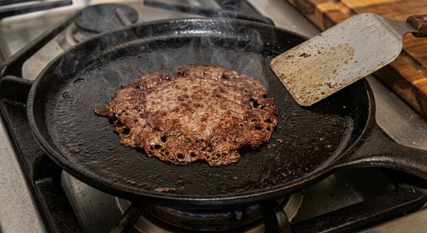 A thin smashed beef patty cooking on a cast iron skillet with browned lacey edges and a metal spatula nearby