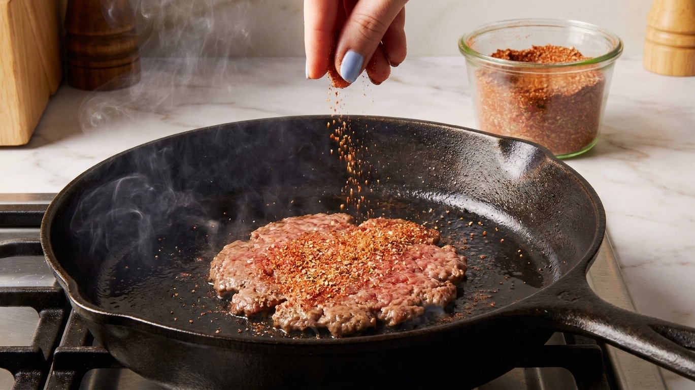 A thin smashed burger patty sizzling in a cast iron skillet while seasoning is sprinkled over the top