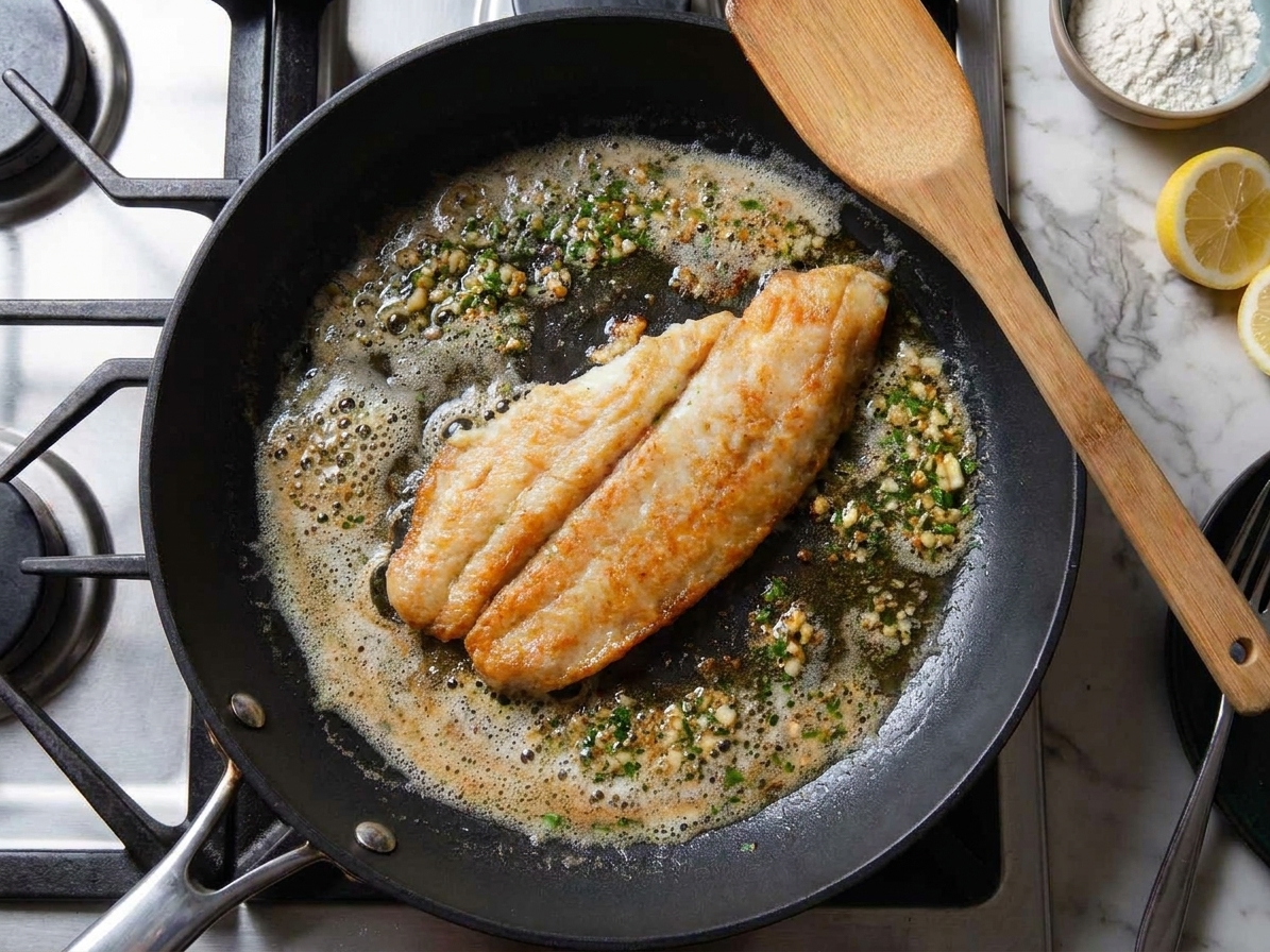 A thin sole fillet frying in a skillet with sizzling butter, edges turning lightly golden