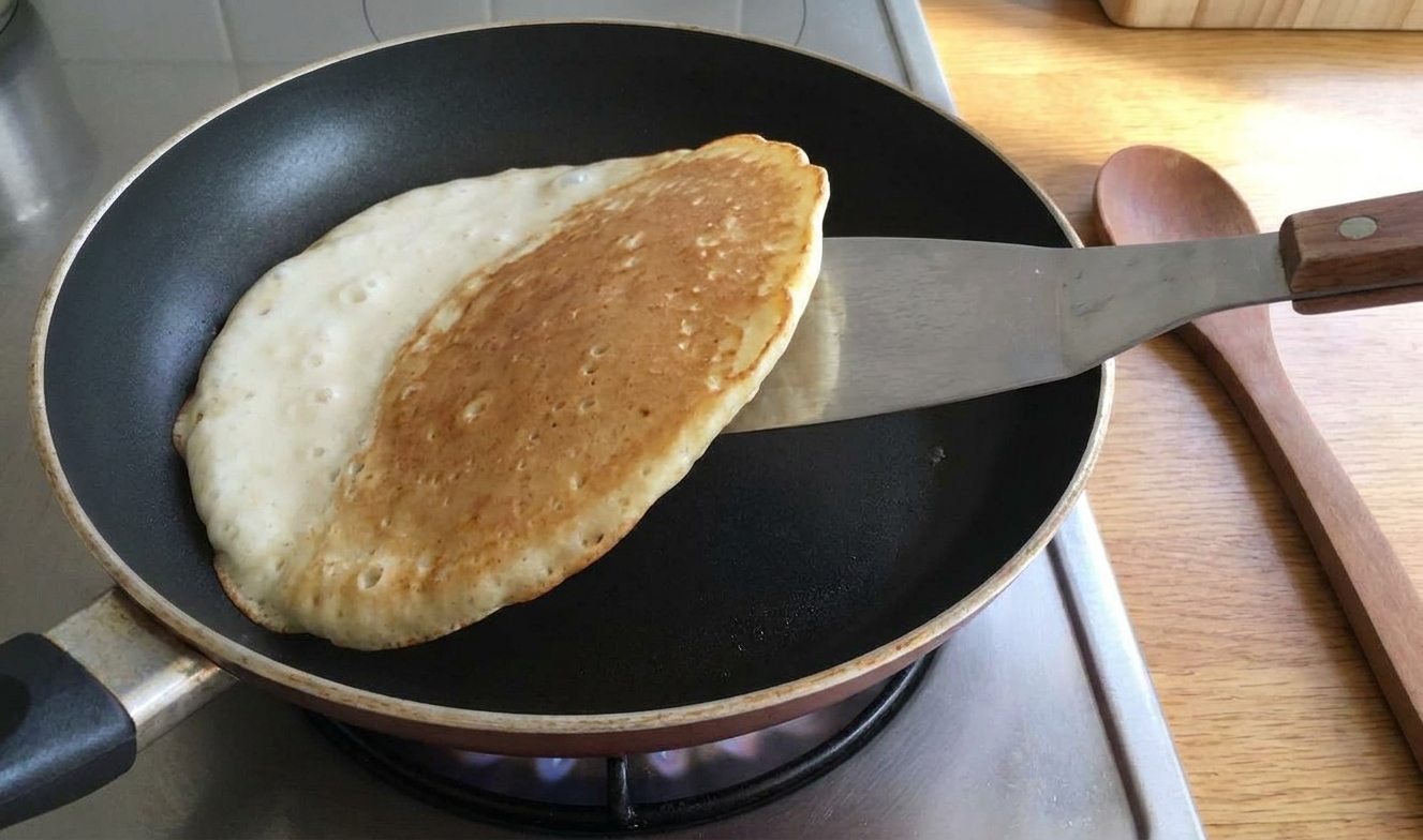 A thin spatula flipping a golden pancake in a nonstick skillet on a home stove