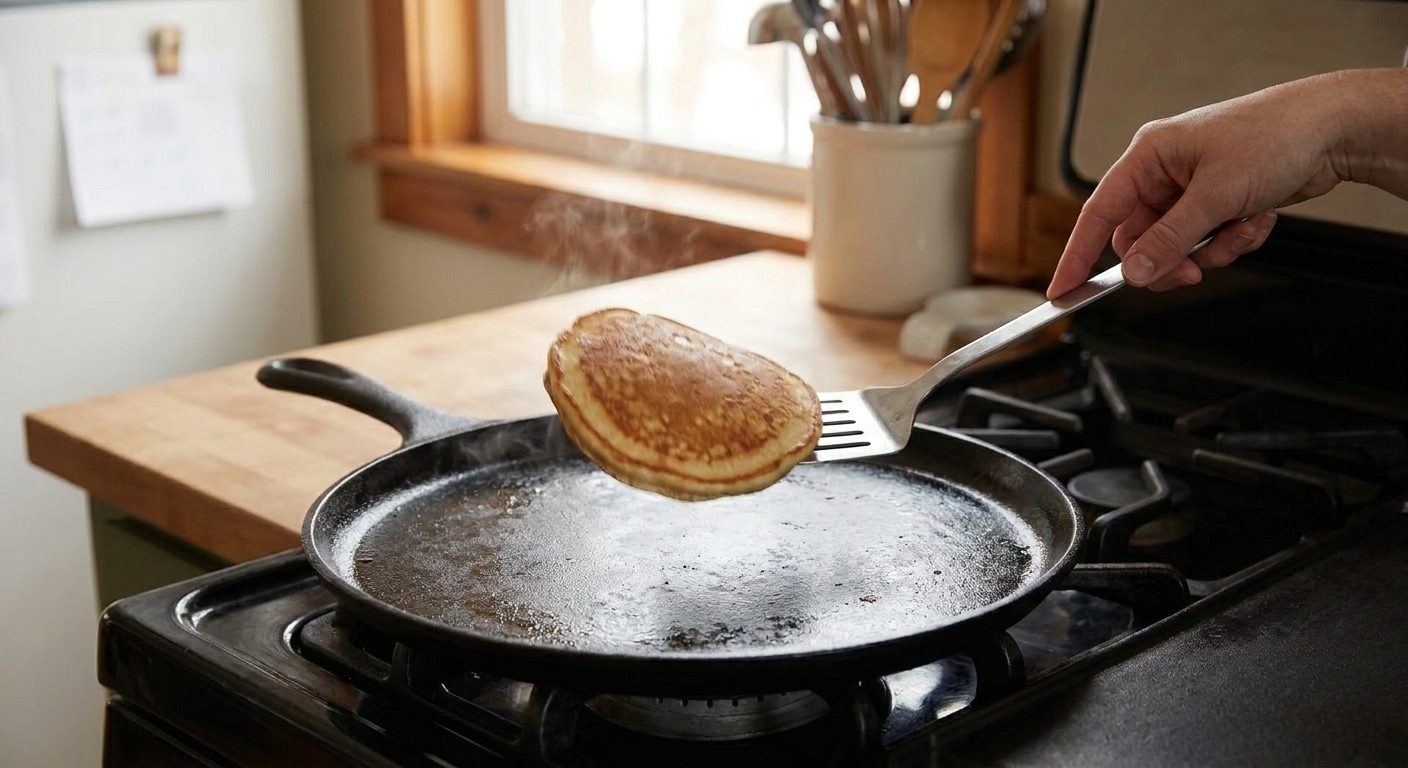 A thin spatula flipping a pancake in a skillet on a home stove with warm kitchen lighting