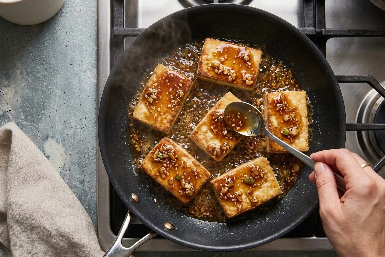 A thin spatula spooning glossy soy garlic glaze over crisped silken tofu in a skillet as the sauce bubbles