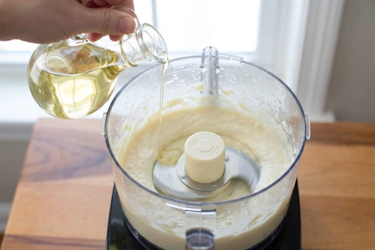 A thin stream of neutral oil being drizzled into a running food processor as the garlic mixture turns creamy and white