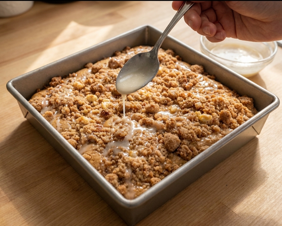 A thin vanilla glaze being drizzled from a spoon over a warm streusel-topped coffee cake in the pan
