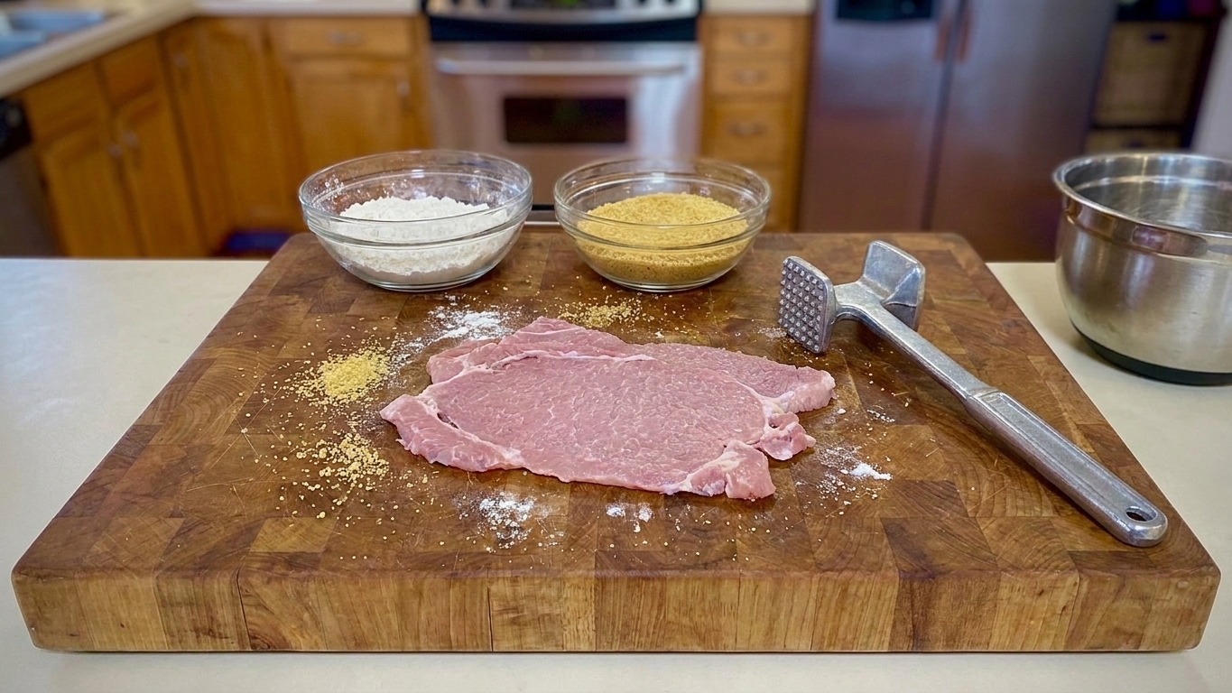 A thinly pounded pork cutlet on a cutting board, evenly flattened to about a quarter inch