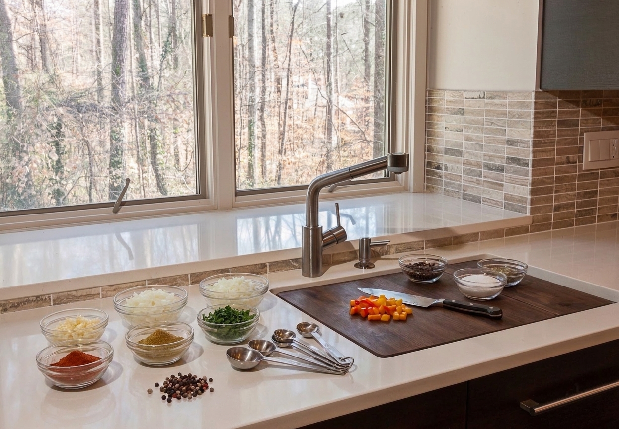 A tidy cutting board surrounded by small glass prep bowls, like a clean mise en place setup