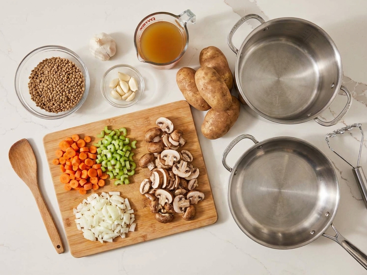 A tidy ingredient setup on a kitchen counter with lentils, mushrooms, carrots, celery, onions, garlic, broth, and potatoes ready for vegetarian shepherd’s pie