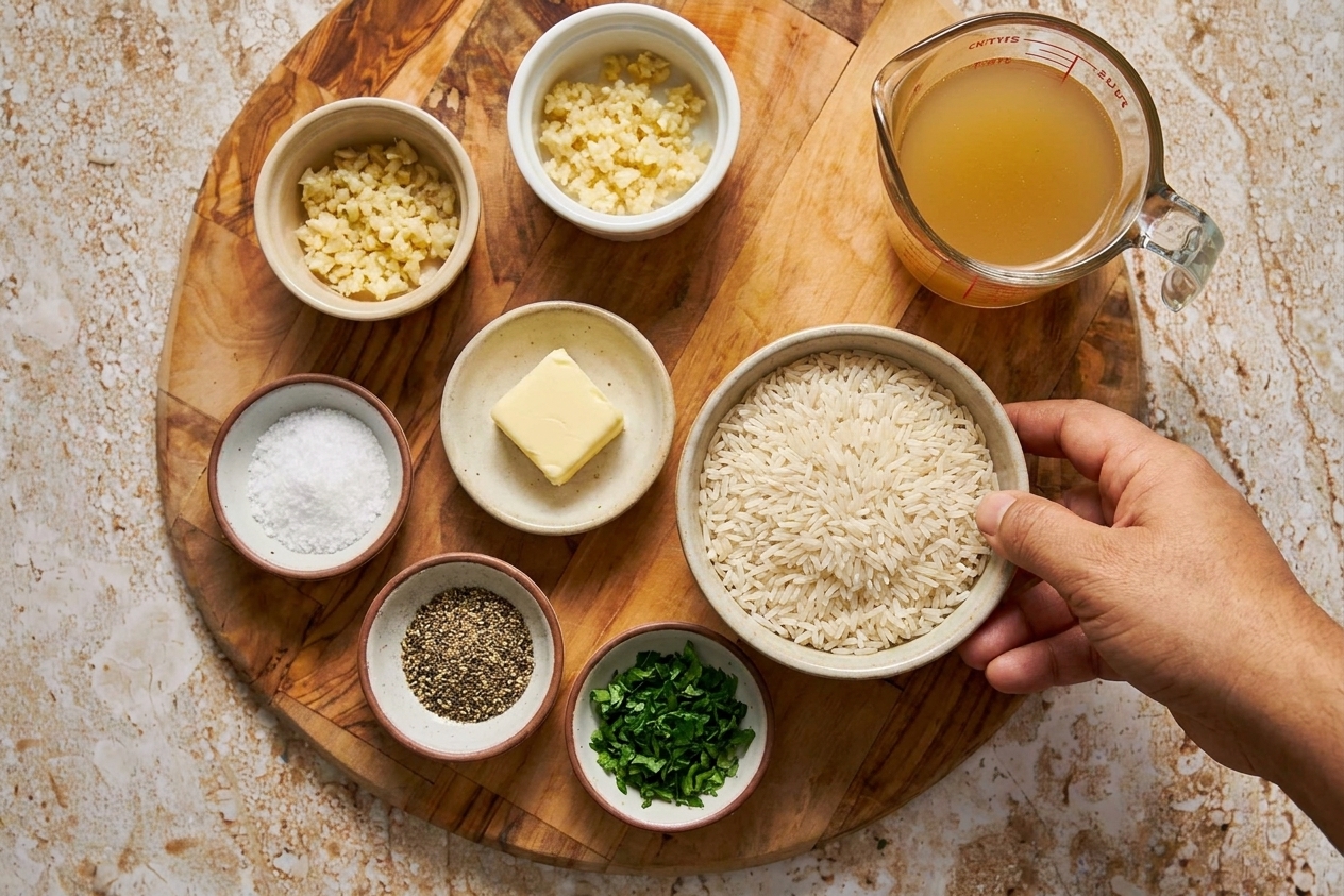A tidy ingredient setup on a kitchen counter with uncooked long grain rice, butter, minced garlic, chicken broth, salt, pepper, and parsley