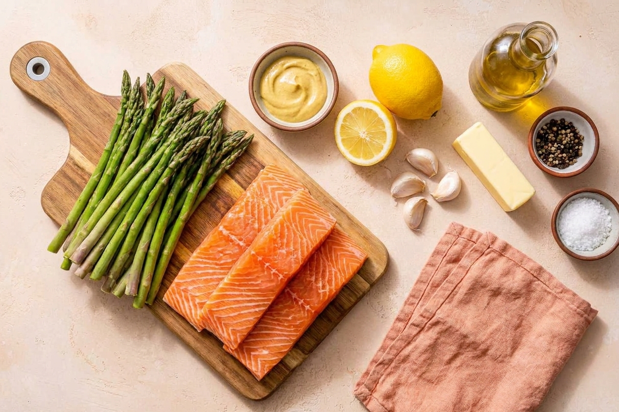 A tidy ingredient setup on a kitchen counter with salmon fillets, asparagus, lemon, garlic, butter, olive oil, salt, pepper, and a small bowl of Dijon mustard