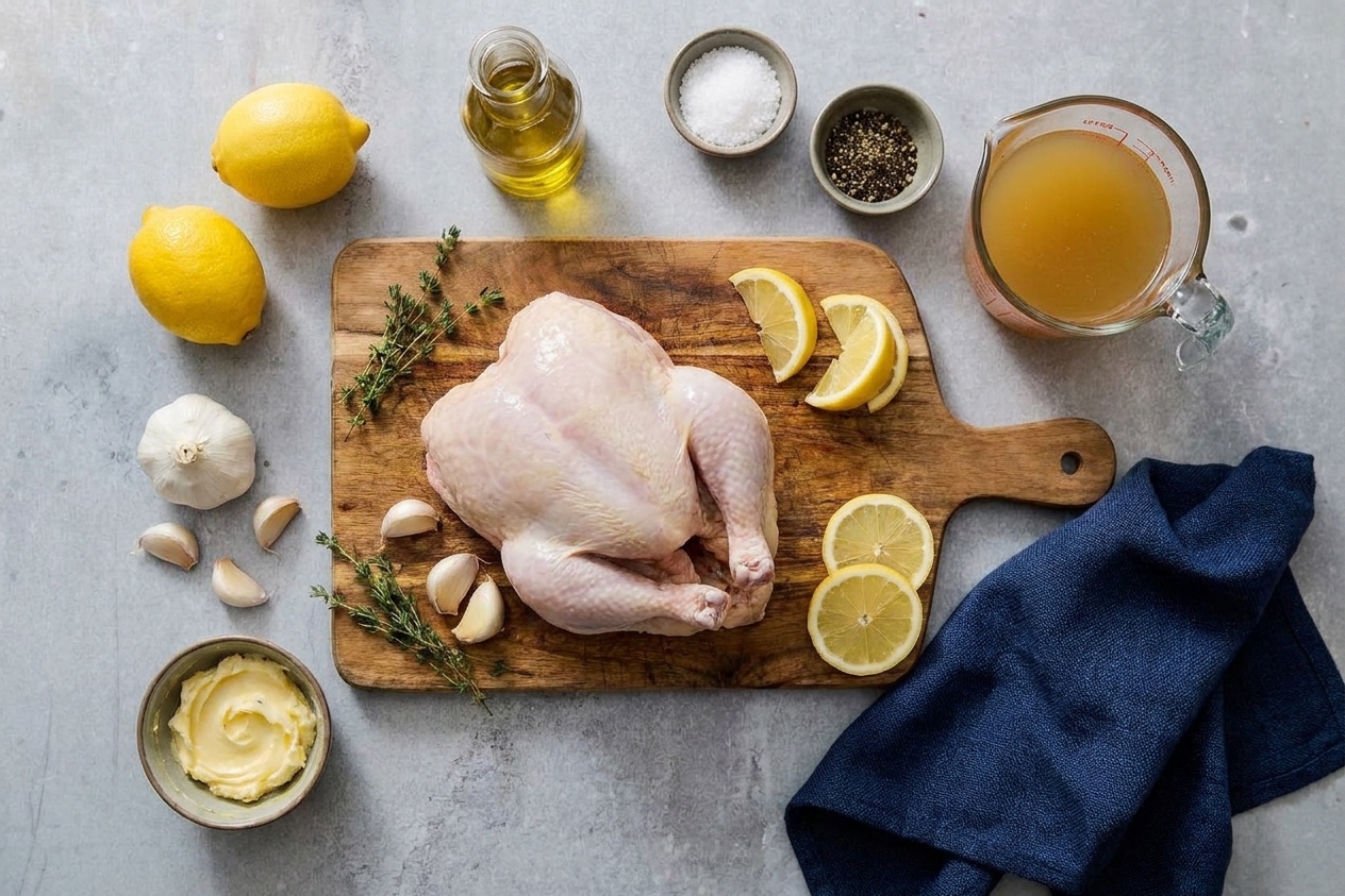 A tidy ingredient setup with whole chicken, lemons, garlic, butter, thyme, olive oil, salt, pepper, and chicken broth on a bright kitchen counter