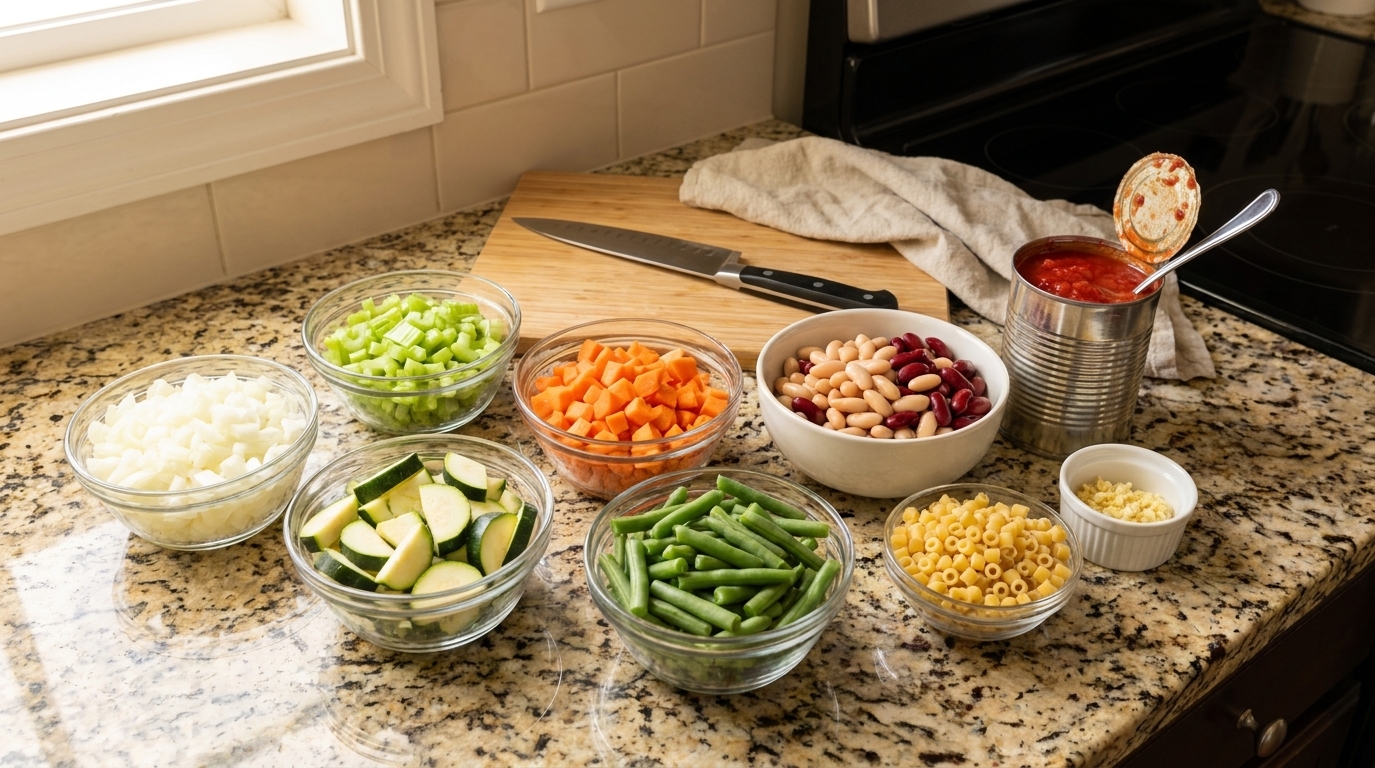 A tidy kitchen counter with bowls of chopped onion, celery, carrots, zucchini, green beans, canned beans, small pasta, crushed tomatoes, and garlic ready for minestrone