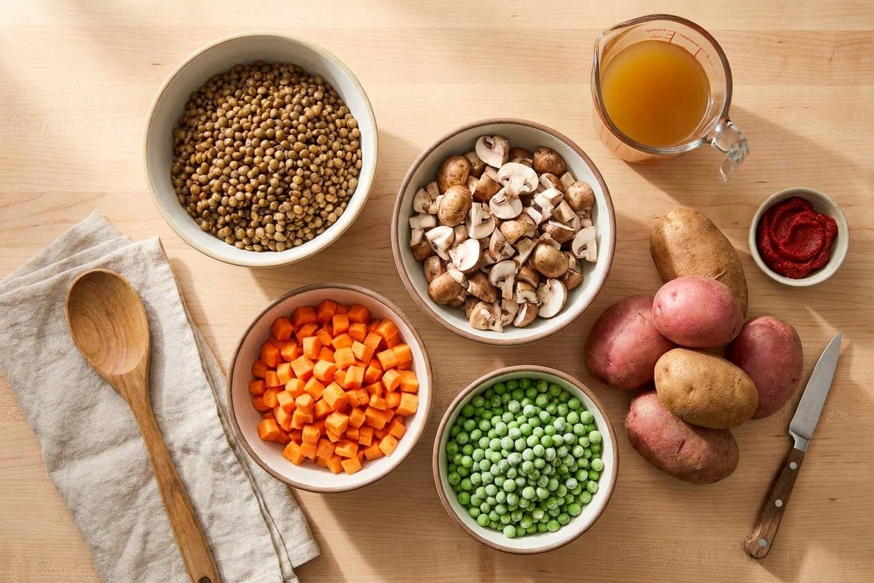A tidy kitchen counter with bowls of cooked lentils, chopped mushrooms, diced carrots, frozen peas, broth, tomato paste, and potatoes ready for vegan shepherd’s pie