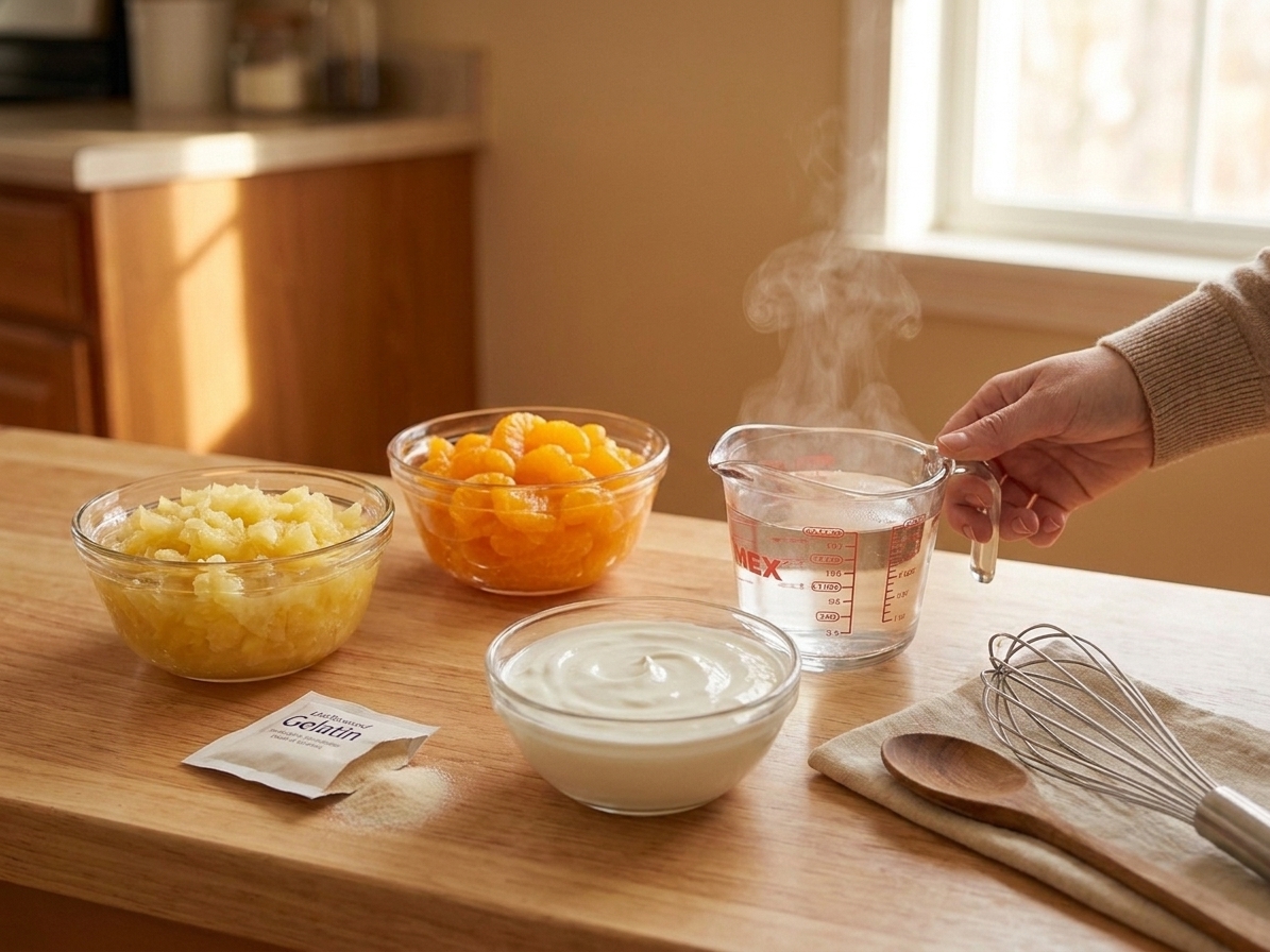 A tidy kitchen counter with bowls of drained crushed pineapple, mandarin oranges, gelatin powder, Greek yogurt, and a measuring cup of hot water ready for mixing
