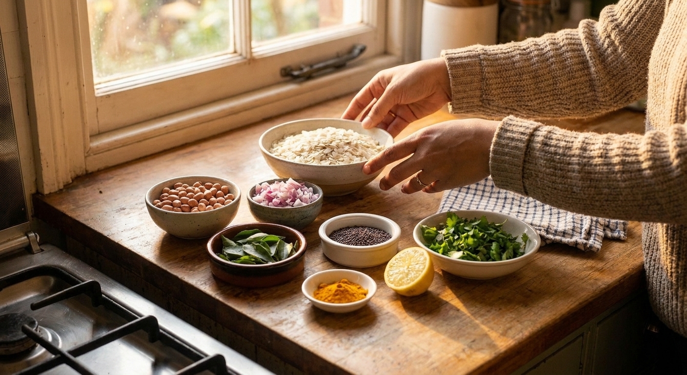 A tidy kitchen counter with measured ingredients for poha including flattened rice, peanuts, onion, curry leaves, mustard seeds, turmeric, lemon, and cilantro in small bowls