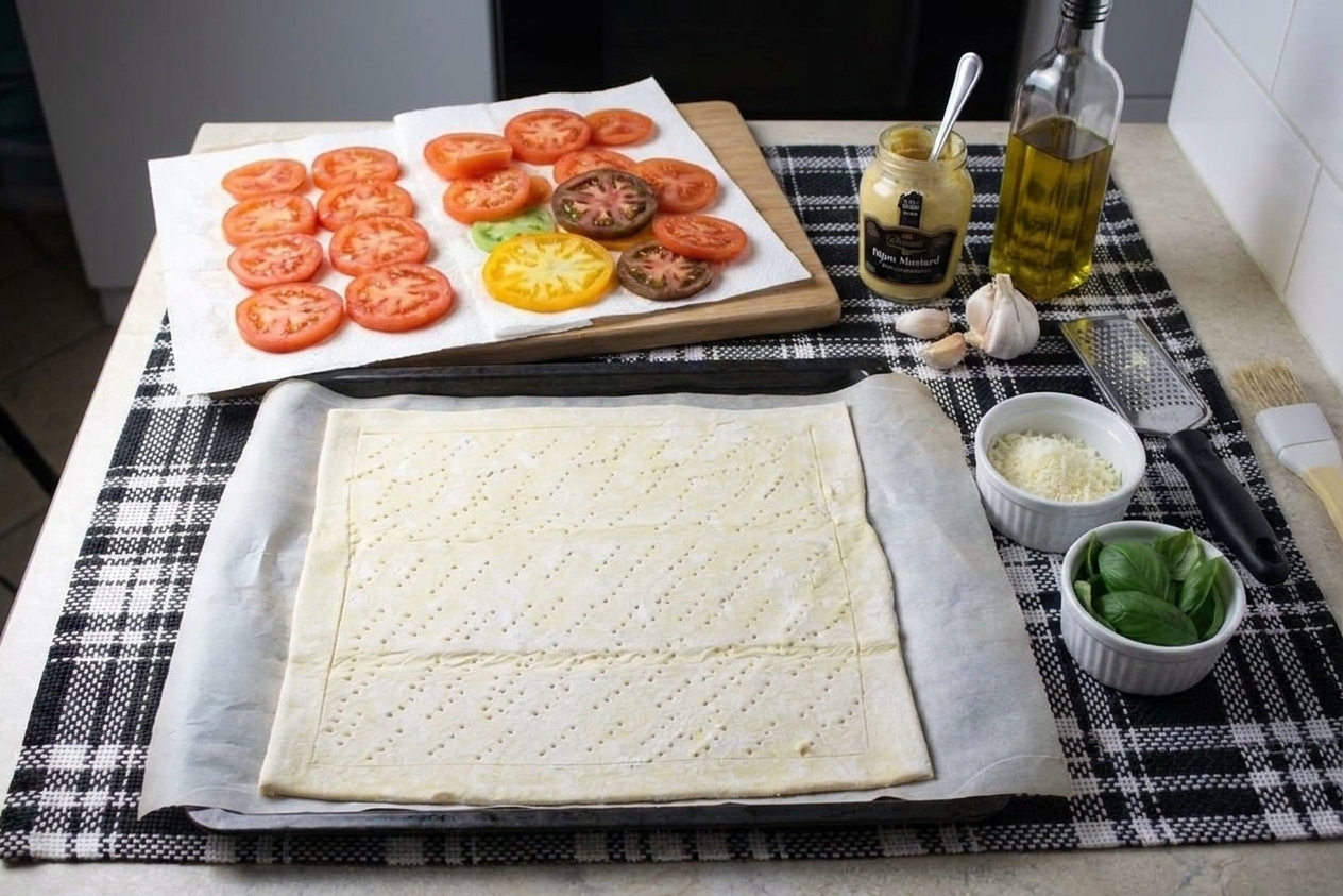 A tidy kitchen counter with puff pastry, ripe tomatoes, Dijon mustard, fresh basil, garlic, olive oil, and small bowls of shredded cheese and herbs ready for a tomato tart